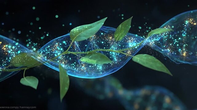 DNA Helix with Leaves: A stunning visual representation of the intersection between nature and science, with a DNA helix intertwined with vibrant green leaves.