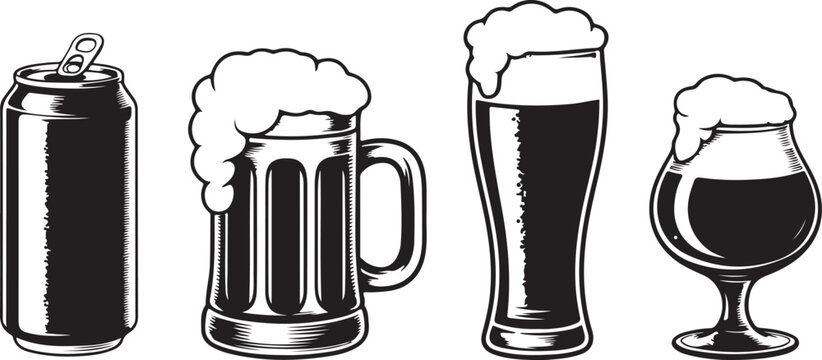 Beer glass, mug and can vector black objects set