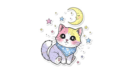 Fototapeta premium Cute Kawaii Cat with Moon and Stars, Pastel Sticker Style