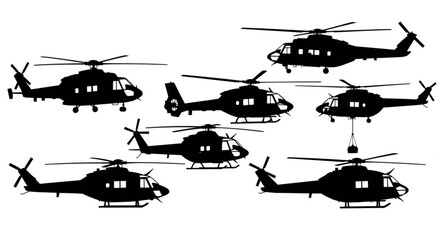 Multiple helicopter silhouettes in flight against a white background. © Dombo