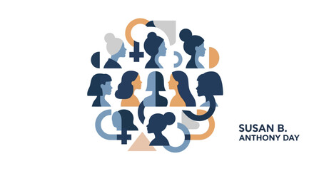 Illustration of Susan B. Anthony Day logo featuring diverse silhouettes and symbols for women's rights and equality on a clean white background. © Fasuga