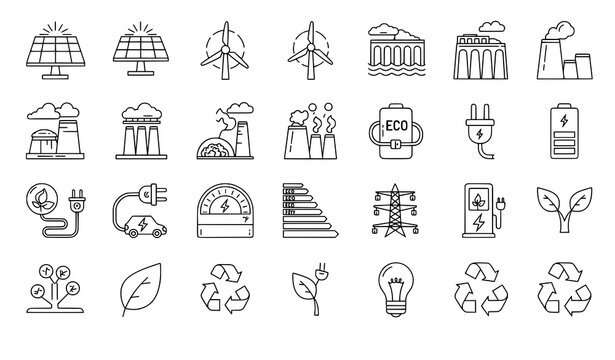 Renewable energy and green power outline icon set vector