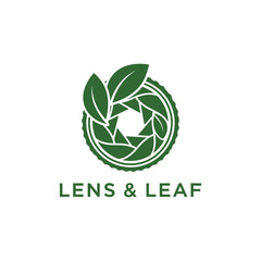 Green leaf camera shutter aperture logo for nature photography and environmental branding featuring the text Lens & Leaf