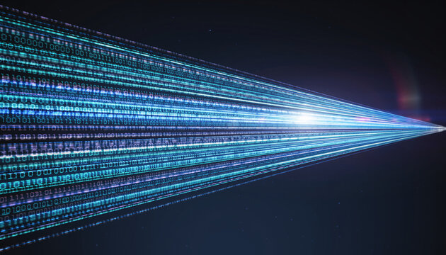 A beam of light composed of binary code and data points converges to a focal point against a dark background with a blue and purple gradient.