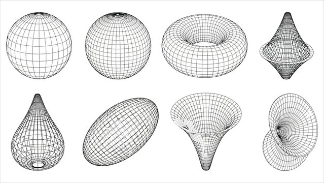 Retro-futuristic 80s wireframe illustrations with abstract grids and cyberpunk technology vibes. Vector graphic element pack.