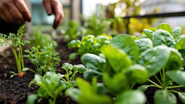 Cultivating Green: A pair of hands meticulously tends to a vibrant, flourishing garden bed, bursting with fresh produce and lush greenery.