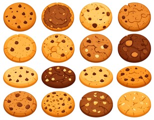 Obraz premium Collection of various, round, cartoonish chocolate chip cookies. Simple illustration style