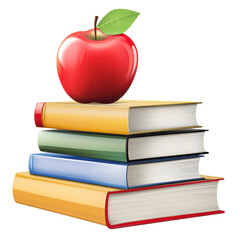 Red apple on stack of colorful hardcover books illustration isolated on Transparent Background