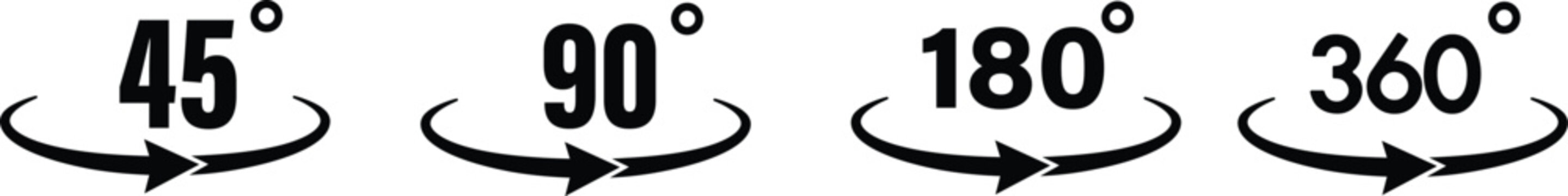 45 90 120 180 360 degree icon set in flat style. Different degree view rotation set. 360 degree view. Minimal interface icon, symbol. Different degrees icon set. 45-360 degrees. Vector graphic. 
