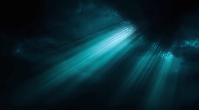 Looping teal spotlight beams with sparkling particles in dark space