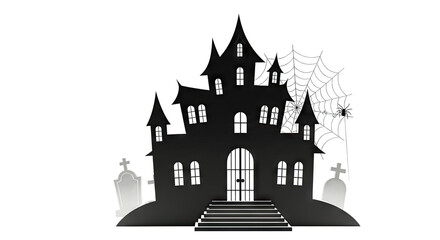 Obraz premium Spooky Halloween Haunted House Silhouette with Spiderweb and Gravestones