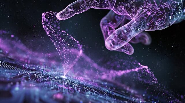 Touch of Innovation: A digital hand materializes in a radiant display of innovation and connectivity, interacting with a complex network of data, representing the evolving technological landscape.