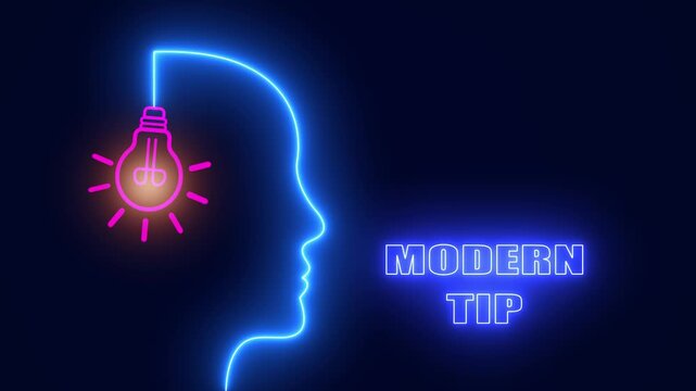 Glowing neon human head profile with bright pink light bulb representing creative modern tip and contemporary thinking idea