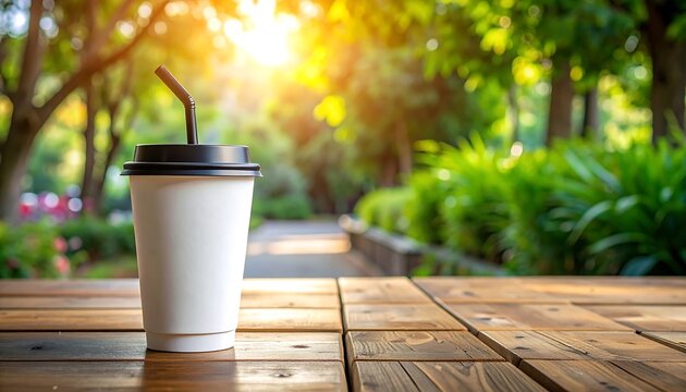 Paper coffee cup on wooden table.
