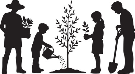 Family planting trees and gardening outdoor poses silhouette set.