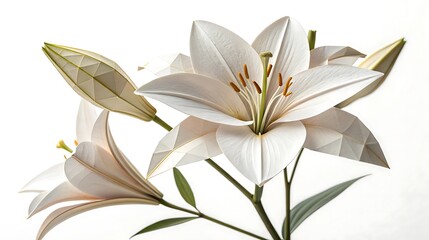 Fototapeta premium A close up view of two elegant white easter lilies in various stages of bloom against a white background