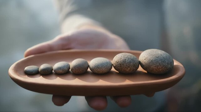 Hand Holding Tray With Graduated Size Stones