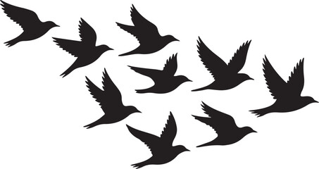 Obraz premium Flock of cranes or stork black silhouette in flying. Vector flat illustration of bird migration isolated on transparent background