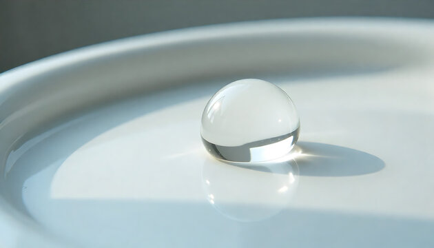 Close-up of a single water droplet on a white ceramic surface with a shallow depth of field and a clean background.