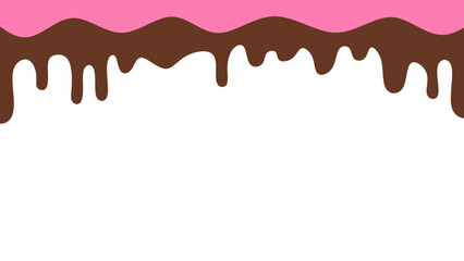 Sweet melting chocolate and pink strawberry icing glaze background. Melted syrup or dripping liquid sauce. Minimalist sweet chocolate and strawberry pink background.