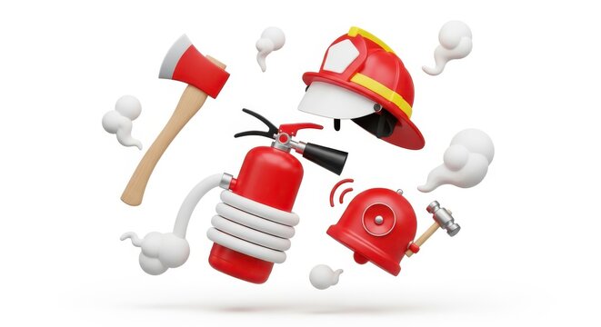 Collection of stylized firefighting and emergency response equipment floating against a white background