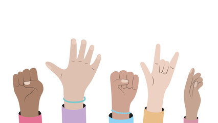 Obraz premium Simple Diverse Hands with Different Gestures Flat Design Illustration. 