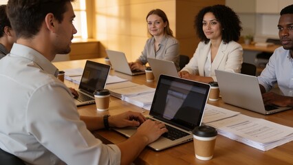 Obraz premium office workers at table with laptops