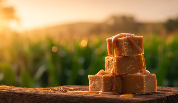 Stack of caramel fudge pieces with glossy, smooth surface and rich golden-brown color on rustic wooden surface outdoors during sunset