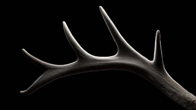 Black and white photograph of a deer antler. the antler is elongated and pointed, with six pointed tips. it appears to be made of a dark material, possibly wood or metal, and has a rough texture.