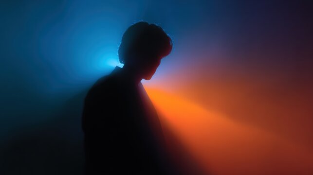 Silhouette of a person standing in front of a colorful background. the person is facing away from the camera, with their head turned towards the right side of the image.
