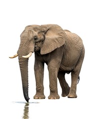 Obraz premium Large elephant stands with trunk in water, isolated on white background