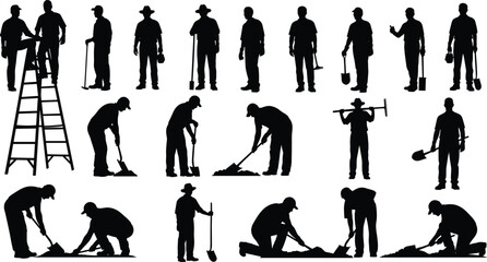 Black silhouettes of male workers using shovels and ladders, industrial laborers performing construction and gardening tasks for outdoor maintenance projects. © "Hello"