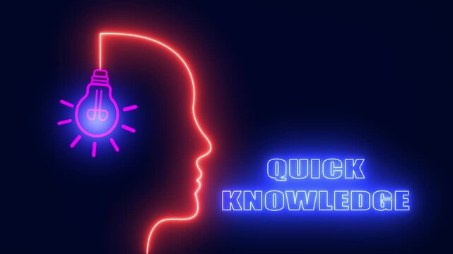 Glowing neon human head profile with bright light bulb representing creative quick knowledge and fast learning concept
