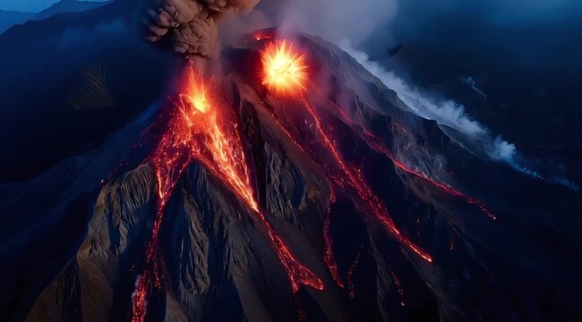 Looping aerial volcano eruption with flowing lava and heavy smoke plume