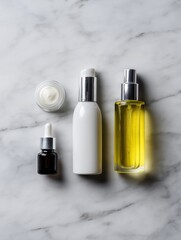 Fototapeta premium Three skincare products arranged on a white marble surface. on the left, there is a white bottle with a silver pump dispenser and a small black dropper bottle. next to it is a small jar of cream.
