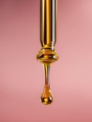 Close-up of a dropper with a golden-colored liquid inside. the dropper is made of glass and has a cylindrical shape with a pointed end.