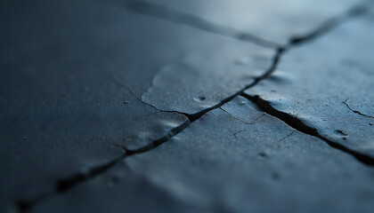 Close-up of a dark, cracked asphalt surface with a shallow depth of field and cinematic lighting, conveying a somber mood.