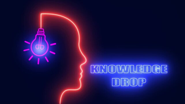 Glowing neon human head profile with bright light bulb representing creative knowledge drop and educational insight