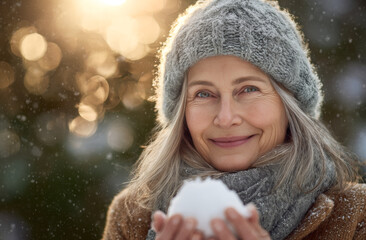 Smiling woman in her fifties enjoying winter outdoors, holding a snowball with a joyful expression, dressed in warm wool hat and scarf, sunlight creating a bokeh background