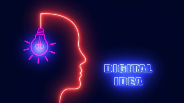 Innovative digital idea for web technology featuring red neon human head profile and blue bulb for smart internet plans
