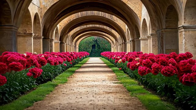 Stone archway frames a flower-lined pathway leading to a garden, evoking a sense of tranquility