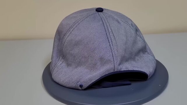 A blue and white striped cap rests on a gray, circular surface