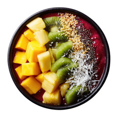 Bowl of fruit smoothie topped with mango, kiwi, seeds and coconut shavings