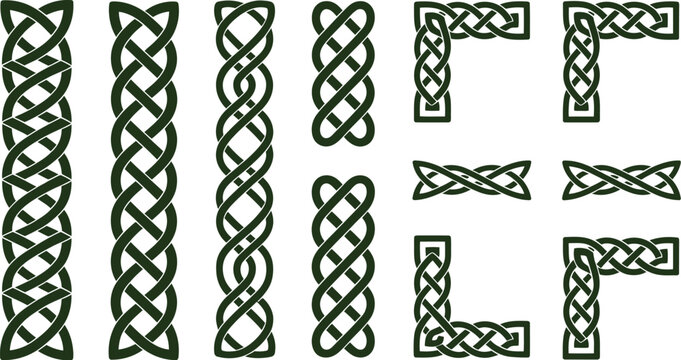 Celtic pattern corners with ornate knot symbols, symmetrical ornamental borders, historical decorative motifs for heritage themed vector graphic design