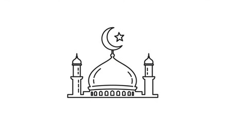 Obraz premium Mosque icon with crescent moon and star simple outline vector illustration for Islamic culture and Ramadan celebrations isolated on white background