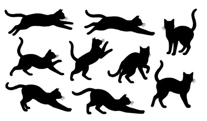 Title: Minimal black cat silhouettes vector set with isolated sitting and walking feline poses © MdAtaur