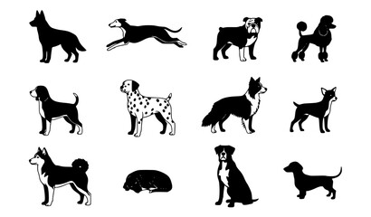 Title:
Minimal dog breed silhouettes vector illustration with isolated canine poses for logos icons and prints