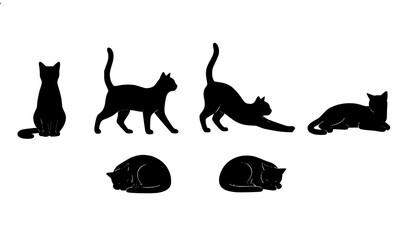 Title: Minimal black cat silhouettes vector set with isolated sitting and walking feline poses © MdAtaur