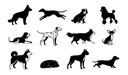 Dog breed silhouettes in different poses vector set showing standing sitting running and resting canine shapes