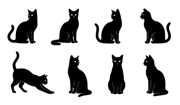 Title:
Black cat silhouette set with playful and dynamic feline poses for animal themed vector designs